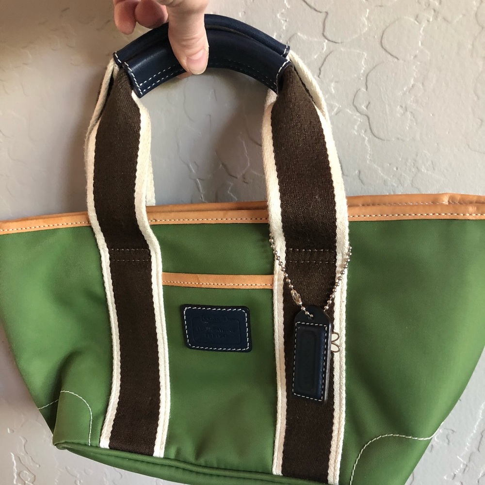 Coach over shoulder small bag- green w/ brown trim